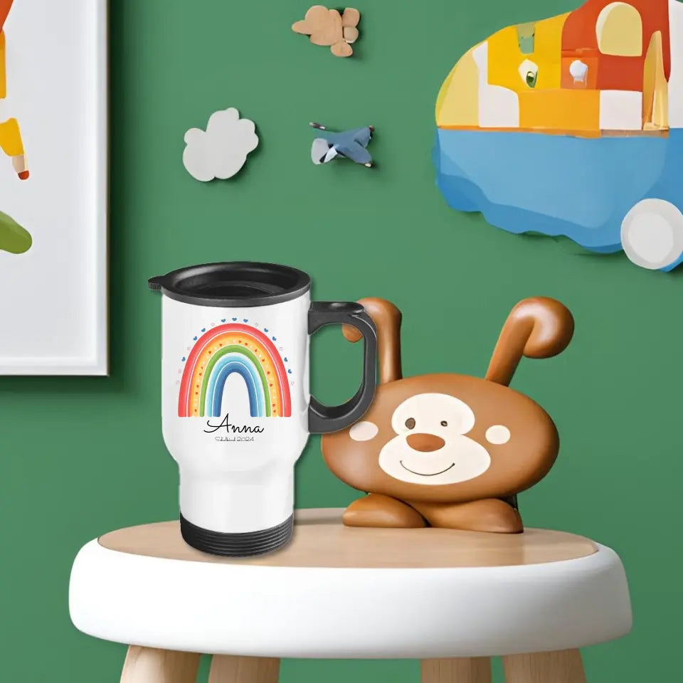 Personalisierter Becher Kinder aus Edelstahl mit Regenbogen  Namen und Text | Kinderbecher Geschenk Einschulung & Geburtstag | Edelstahl-Thermobecher für Kinder personalisiert