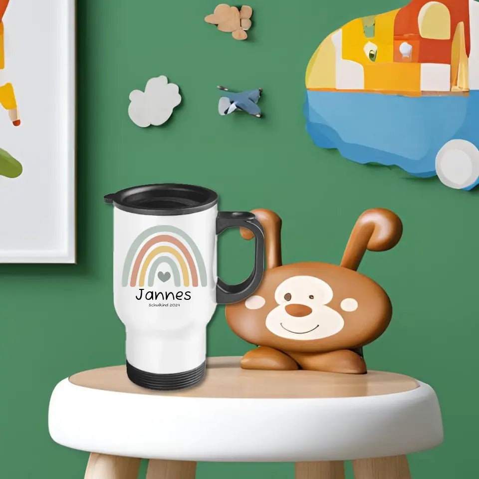 Personalisierter Becher Kinder aus Edelstahl mit Regenbogen  Namen und Text Junge | Kinderbecher Geschenk Einschulung & Geburtstag | Edelstahl-Thermobecher für Kinder personalisiert