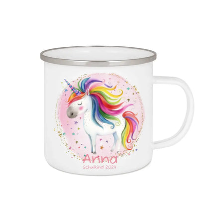 Schulanfang Kindertasse Schulkind 2024 - Emaille Kinderbecher Einschulung Einhorn mit Namen personalisiert - Einschulungsgeschenk