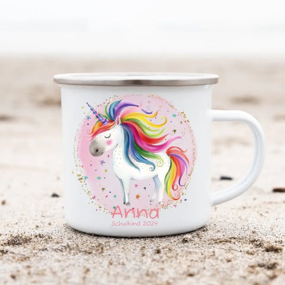 Schulanfang Kindertasse Schulkind 2024 - Emaille Kinderbecher Einschulung Einhorn mit Namen personalisiert - Einschulungsgeschenk