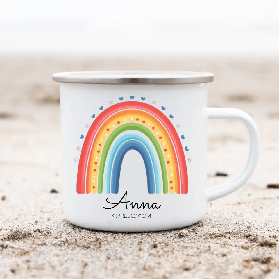 Schulanfang Kindertasse Schulkind 2024 - Emaille Kinderbecher Einschulung Regenbogen mit Namen personalisiert - Einschulungsgeschenk