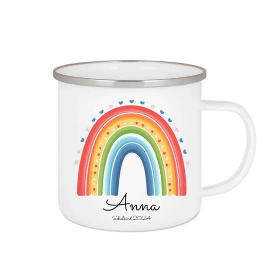 Schulanfang Kindertasse Schulkind 2024 - Emaille Kinderbecher Einschulung Regenbogen mit Namen personalisiert - Einschulungsgeschenk