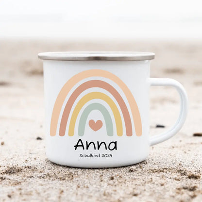 Schulanfang Kindertasse Schulkind 2024 - Emaille Kinderbecher Regenbogen Einschulung mit Namen personalisiert - Einschulungsgeschenk