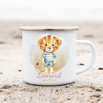 Schulanfang Kindertasse Schulkind 2024 & Weihnachtsgeschenk - Emaille Kinderbecher LÖWE Einschulung mit Namen personalisiert - Einschulungsgeschenk