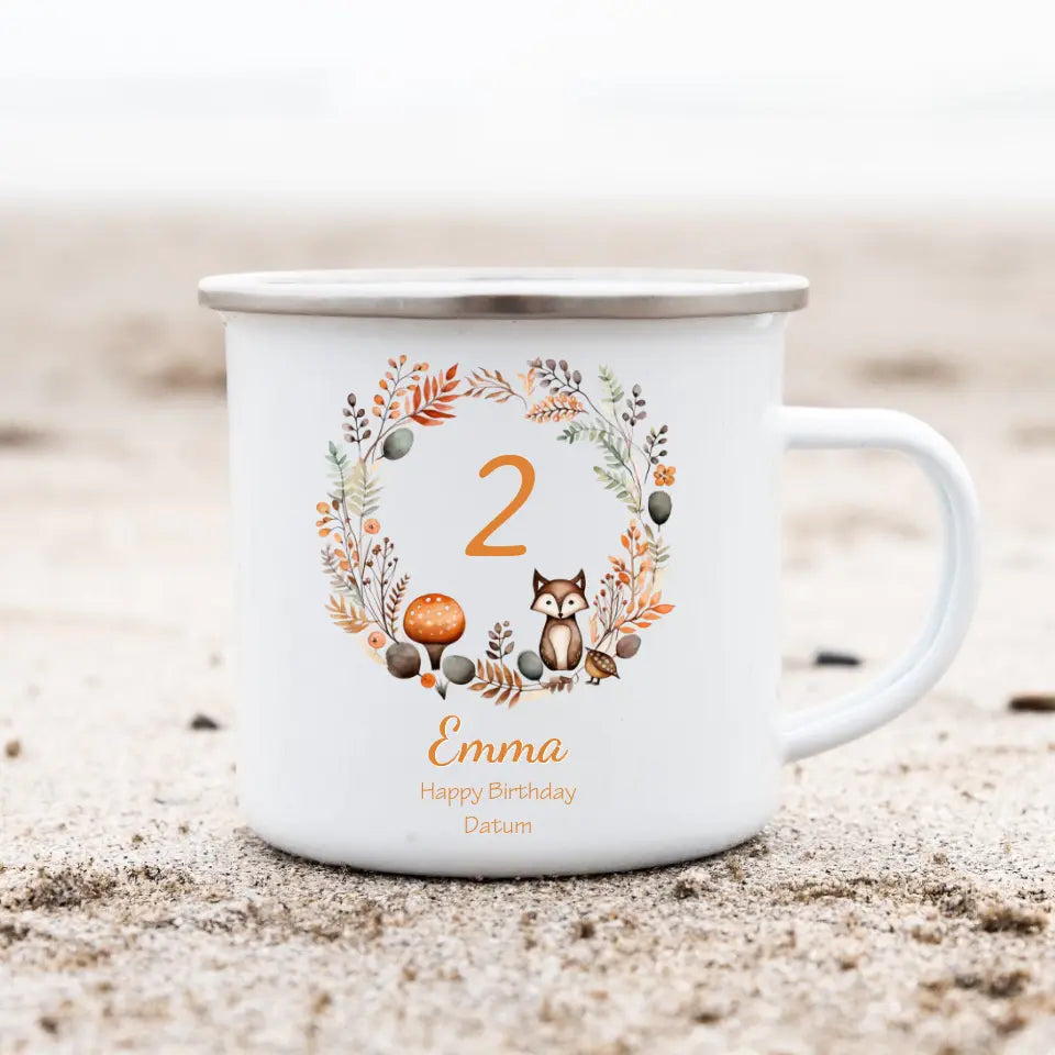 Schulanfang Kindertasse - Emaille Kinderbecher Wald mit Namen personalisiert - Geburtstagsgeschenke