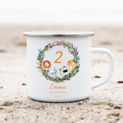 Schulanfang Kindertasse - Emaille Kinderbecher Wald mit Namen personalisiert - Geburtstagsgeschenke