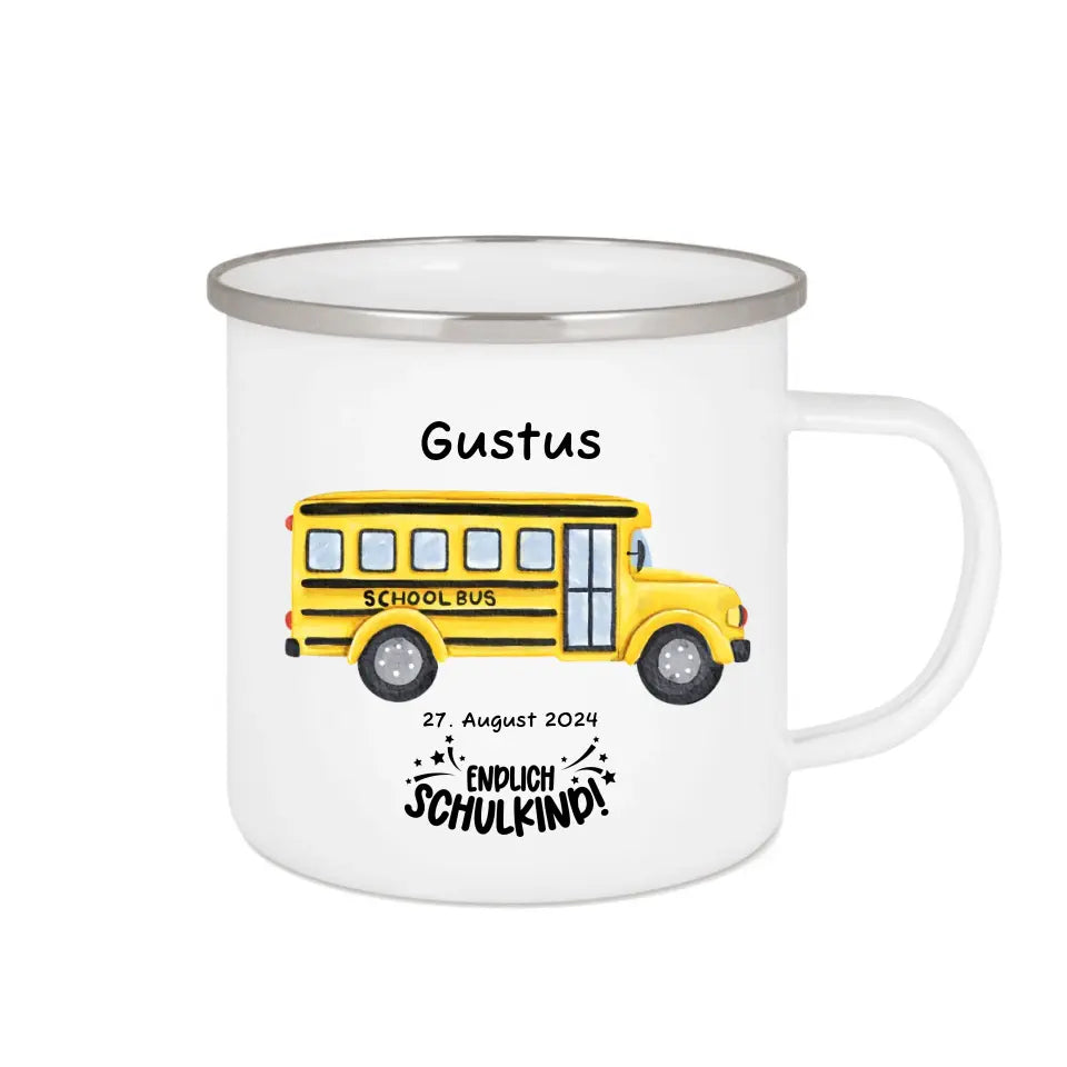 Schulanfang Kindertasse Schulkind 2024 - Emaille Kinderbecher Schulbus Einschulung mit Namen personalisiert - Geburtstagsgeschenke