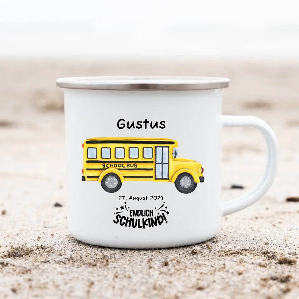 Schulanfang Kindertasse Schulkind 2024 - Emaille Kinderbecher Schulbus Einschulung mit Namen personalisiert - Geburtstagsgeschenke