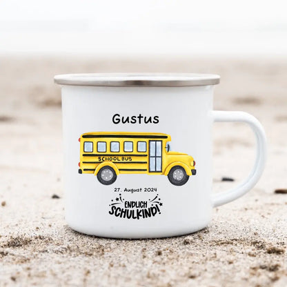 Schulanfang Kindertasse Schulkind 2024 - Emaille Kinderbecher Schulbus Einschulung mit Namen personalisiert - Geburtstagsgeschenke