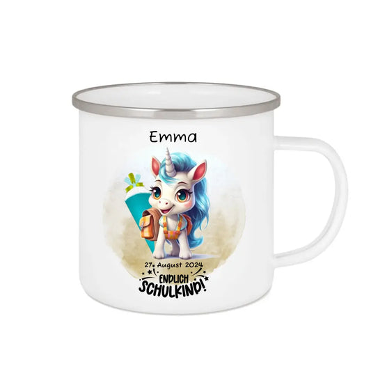 Schulanfang Kindertasse Schulkind 2024 - Emaille Kinderbecher Einhorn Einschulung mit Namen personalisiert - Geburtstagsgeschenke