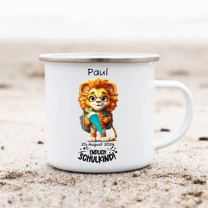 Schulanfang Kindertasse Schulkind 2024 - Emaille Kinderbecher Löwe Einschulung mit Namen personalisiert - Geburtstagsgeschenke