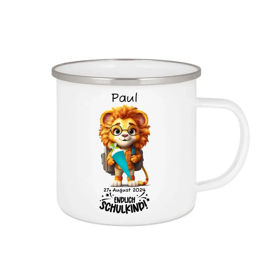 Schulanfang Kindertasse Schulkind 2024 - Emaille Kinderbecher Löwe Einschulung mit Namen personalisiert - Geburtstagsgeschenke