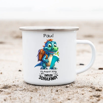 Schulanfang Kindertasse Schulkind 2024 - Emaille Kinderbecher Dino Einschulung mit Namen personalisiert - Geburtstagsgeschenke