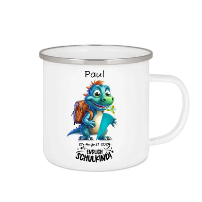 Schulanfang Kindertasse Schulkind 2024 - Emaille Kinderbecher Dino Einschulung mit Namen personalisiert - Geburtstagsgeschenke