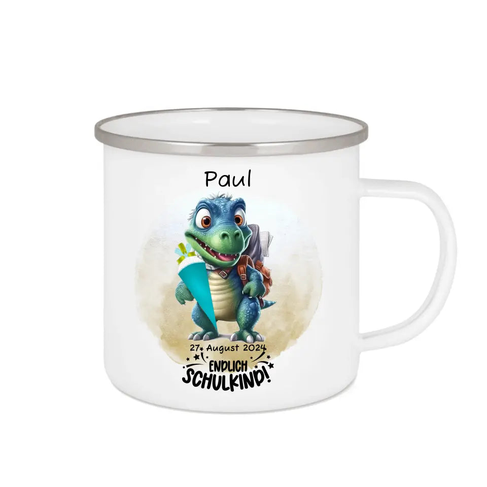 Schulanfang Kindertasse Schulkind 2024 - Emaille Kinderbecher Dino Einschulung mit Namen personalisiert - Geburtstagsgeschenke