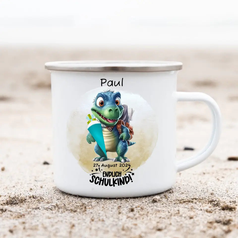 Schulanfang Kindertasse Schulkind 2024 - Emaille Kinderbecher Dino Einschulung mit Namen personalisiert - Geburtstagsgeschenke