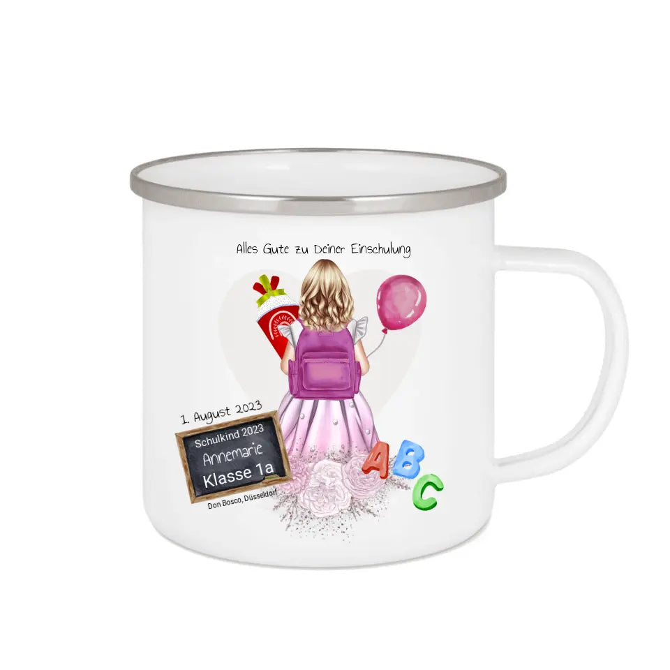 Schulanfang Kindertasse Schulkind 2024 - Emaille Kinderbecher Mädchen Einschulung mit Namen personalisiert - Geburtstagsgeschenke