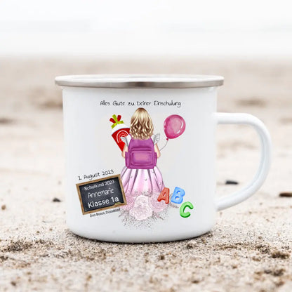 Schulanfang Kindertasse Schulkind 2024 - Emaille Kinderbecher Mädchen Einschulung mit Namen personalisiert - Geburtstagsgeschenke