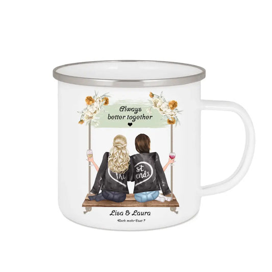 2 beste Freundinnen Geburtstagsgeschenk - Emaille Tasse Emaillebecher mit Namen personalisiert- Friends Weihnachtsgeschenk