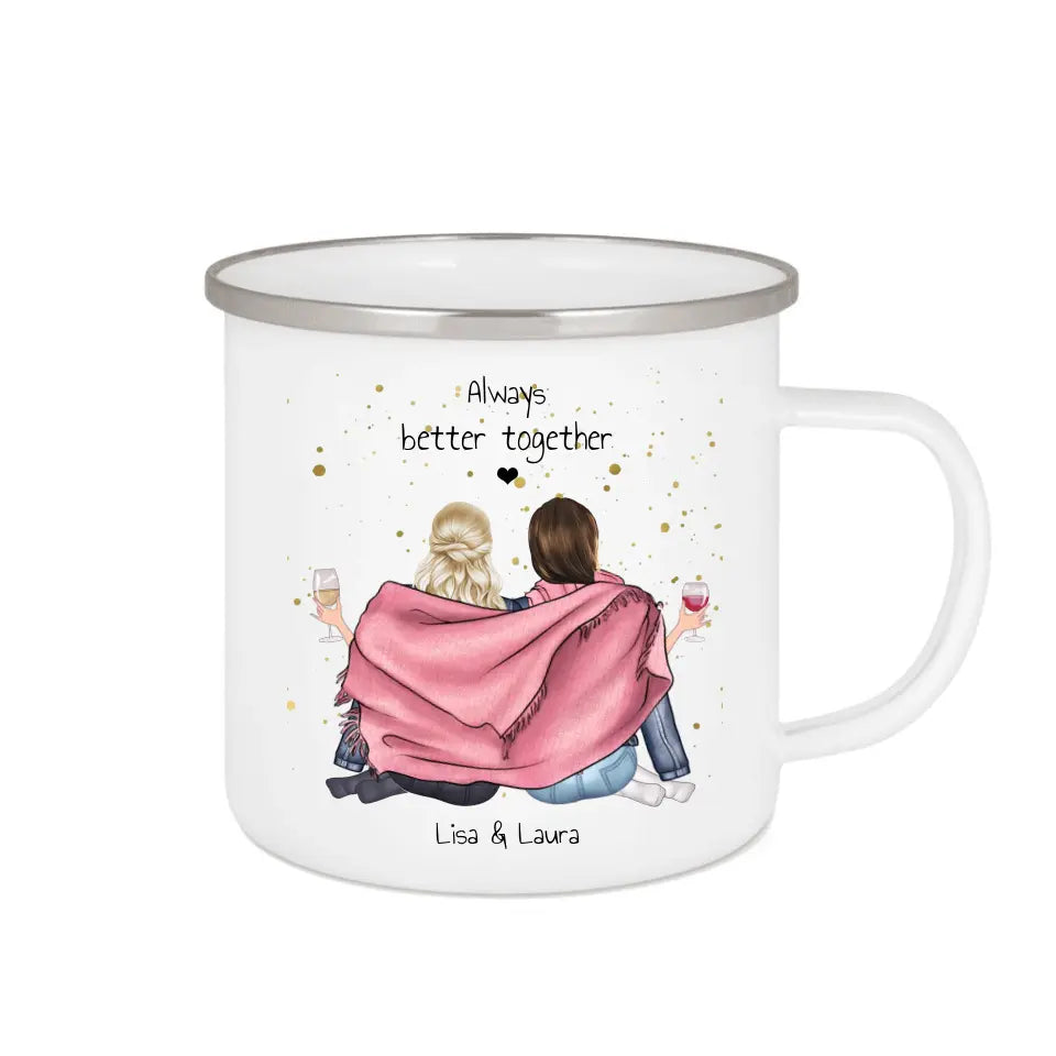 2 beste Freundinnen Geburtstagsgeschenk - Emaille Tasse Emaillebecher mit Namen personalisiert- Best Friends Weihnachtsgeschenk