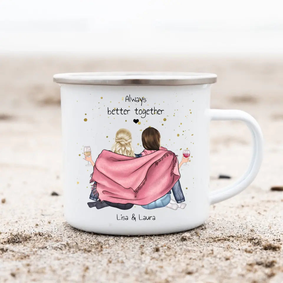 2 beste Freundinnen Geburtstagsgeschenk - Emaille Tasse Emaillebecher mit Namen personalisiert- Best Friends Weihnachtsgeschenk