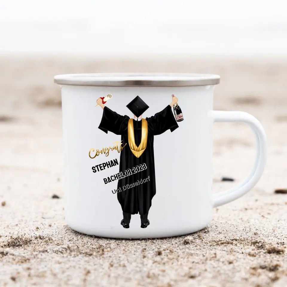 Abschlussgeschenk, Abitur, Bachelor, Master, Doktor - Personalisierte Tasse Emaille