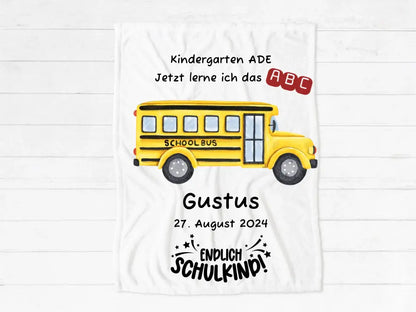 Einschulungsgeschenk oder Geburtstagsgeschenk | Kuschelige Kinderdecke Schulbus | Kinderzimmerdeko