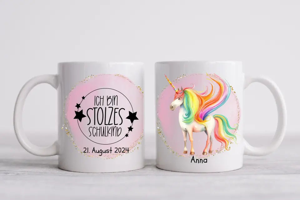 Schulkind 2024 | Einschulung Geschenk Kinder Tasse Becher Kissen Einhorn Mädchen personalisiert | Einschulungsgeschenk | Schulbeginn 1. Klasse | Geburtstagsgeschenk