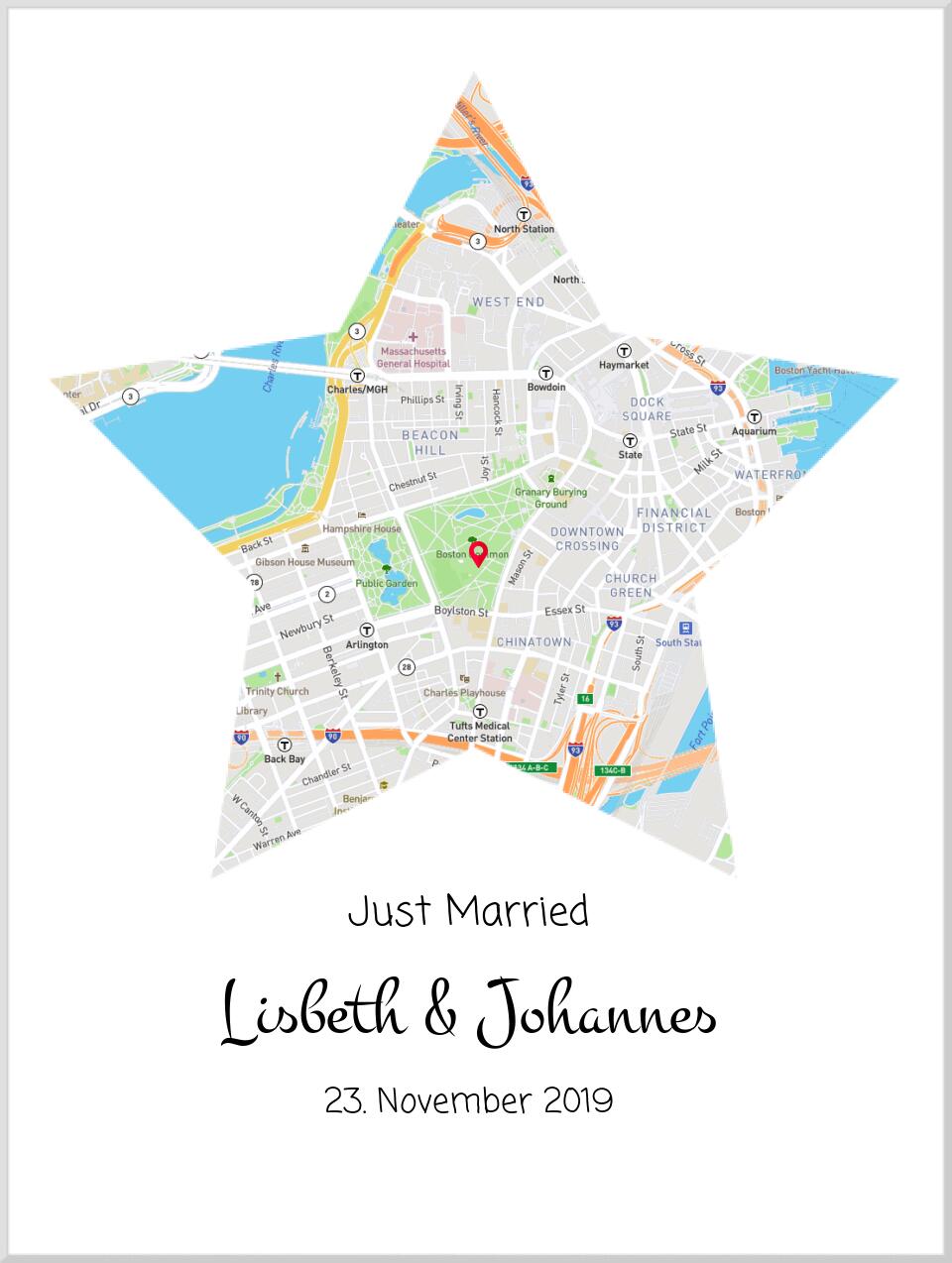 "Just Married" Hochzeitsgeschenk personalisiert | Koordinaten Poster Stern im Stadtkarte Design Leinwanddruck Leinwandbild