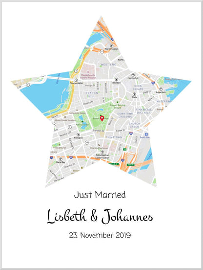 "Just Married" Hochzeitsgeschenk personalisiert | Koordinaten Poster Stern im Stadtkarte Design Leinwanddruck Leinwandbild
