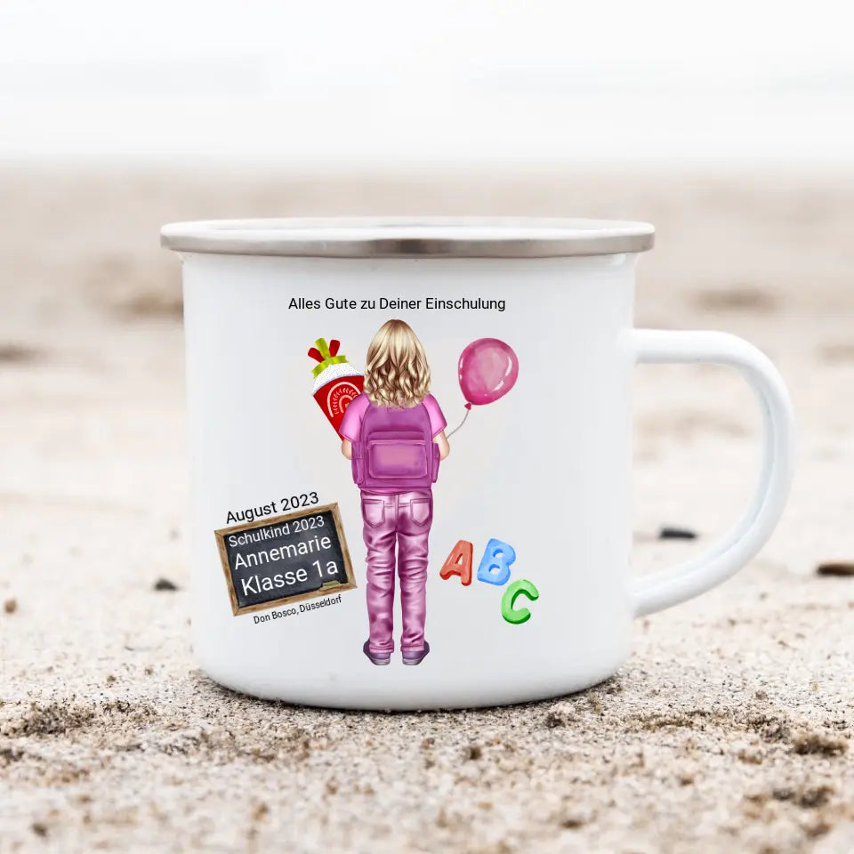 Schulanfang Kindertasse Schulkind 2024 - Emaille Kinderbecher Mädchen/Junge Einschulung mit Namen personalisiert - Geburtstagsgeschenke