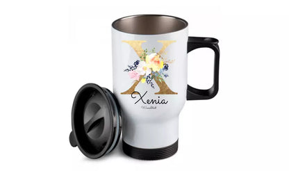 Personalisierter Becher aus Edelstahl mit Buchstabe / Monogramm, Namen und Text