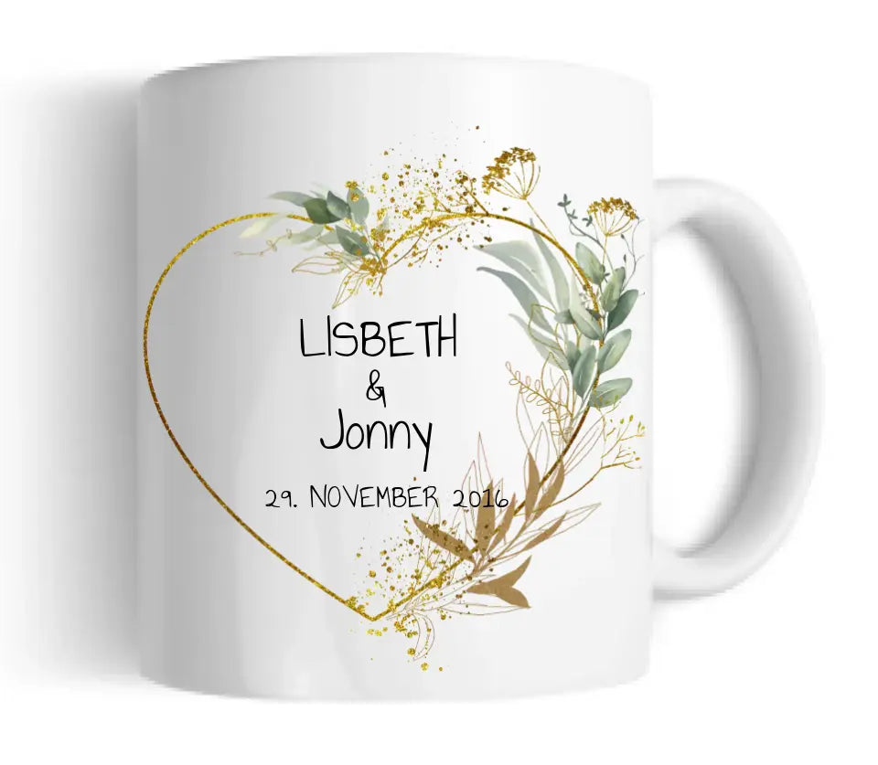 Personalisierte Hochzeitstasse Hochzeitsgeschenk Blumenkranz Brautpaar, Kaffeebecher - Geschenk Hochzeit