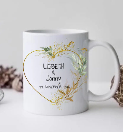 Personalisierte Hochzeitstasse Hochzeitsgeschenk Blumenkranz Brautpaar, Kaffeebecher - Geschenk Hochzeit