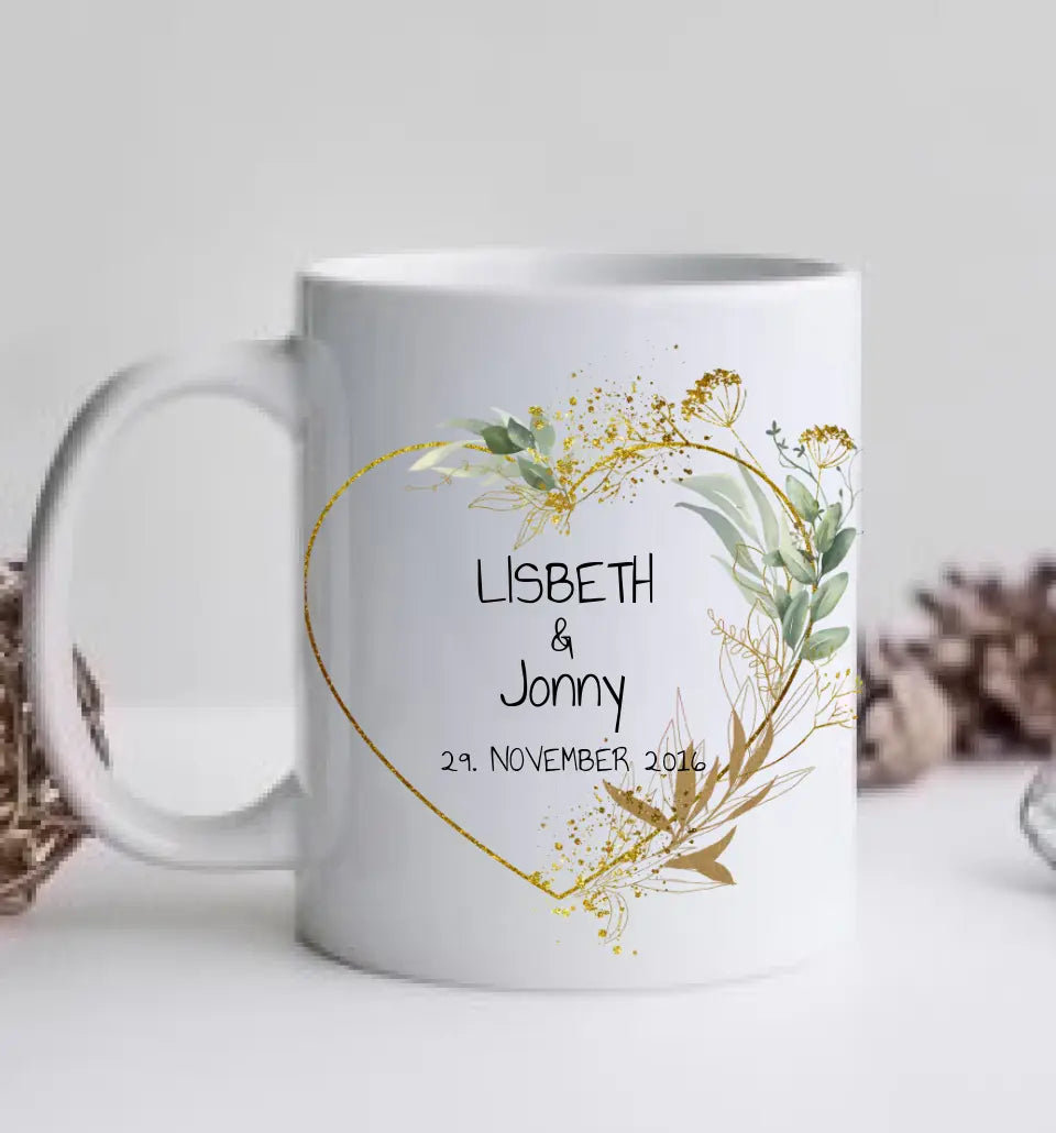 Personalisierte Hochzeitstasse Hochzeitsgeschenk Blumenkranz Brautpaar, Kaffeebecher - Geschenk Hochzeit