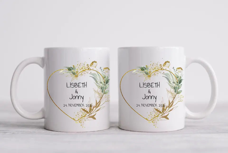 Personalisierte Hochzeitstasse Hochzeitsgeschenk Blumenkranz Brautpaar, Kaffeebecher - Geschenk Hochzeit