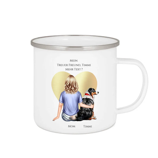 Geschenk Mädchen / Frau mit Hund Emaille Tasse personalisiert - Geburtstagsgeschenk Geschenk Hundebesitzerin Weihnachtsgeschenk