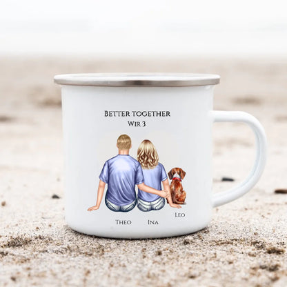 Paar mit Hund Geschenk Hundebesitzer - Emaille Tasse mit Hund - Geburtstagsgeschenk Hundebesitzer Weihnachtsgeschenk