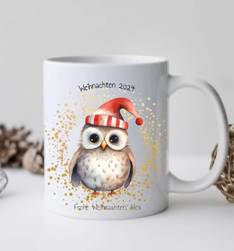 Geschenk Nikolaus, Weihnachten personalisiert -  Kindertasse, Kinderbecher, Kinderteller - Nikolaustasse, Weihnachtstasse - Eule