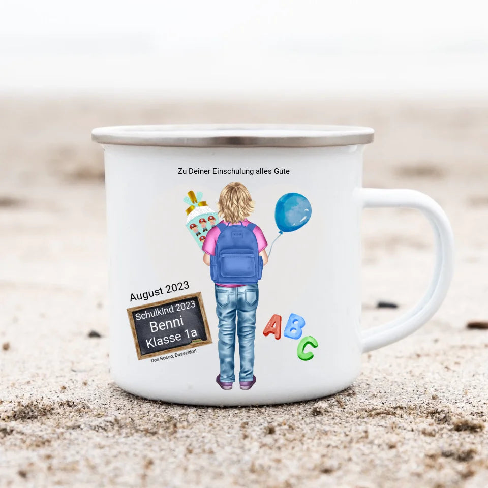 Schulanfang Kindertasse Schulkind 2024 - Emaille Kinderbecher Junge Einschulung mit Namen personalisiert - Geburtstagsgeschenke