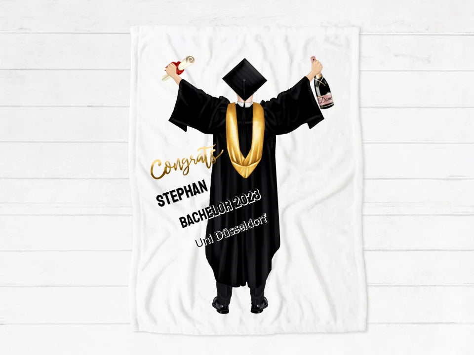 Abschlussgeschenk Abitur, Bachelor, Master, Doktor für Sohn, Freund - kuschelige Fleece Premium Decke personalisiert mit Name & Text