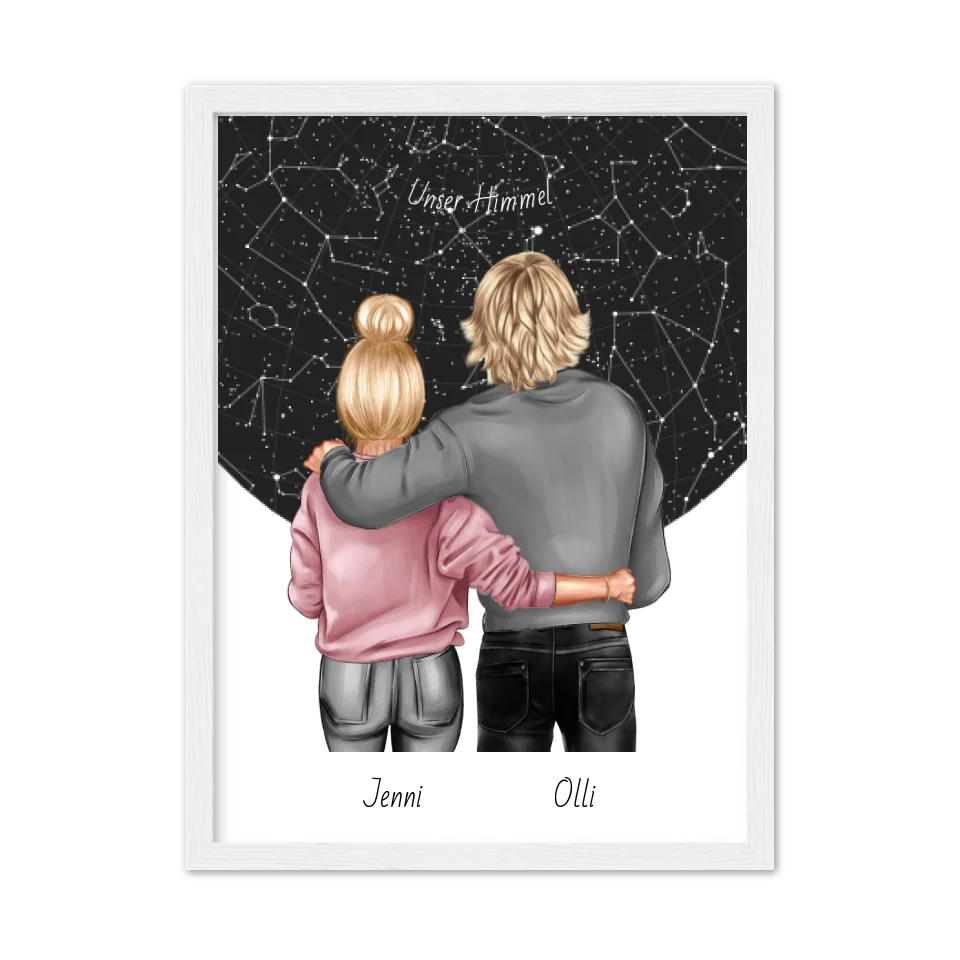 Personalisiertes Poster Geschenk Freundin / Freund - Paar Bild mit Stadtkarte / Sternenkarte - Geburtstagsgeschenk, Weihnachtsgeschenk