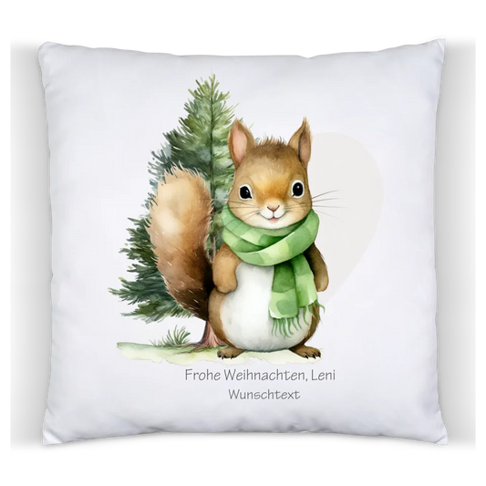 Geschenk Nikolaus, Weihnachtsgeschenk Kissen personalisiert für Mädchen & Jungen -  Eichhörnchen mit Name, Text