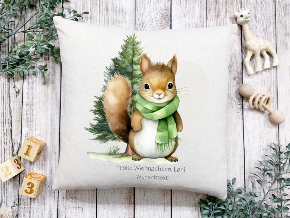 Geschenk Nikolaus, Weihnachtsgeschenk Kissen personalisiert für Mädchen & Jungen -  Eichhörnchen mit Name, Text