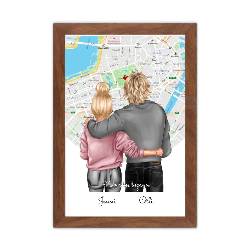 Personalisiertes Poster Geschenk für Freund / Freundin & Partnerin/Partner - Pärchen, Geschenk - Paar Bild mit Stadtkarte / Sternenkarte