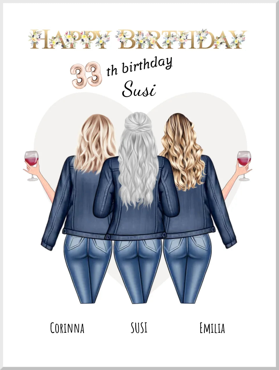 33. Geburtstag beste Freundin - personalisiertes Poster Geschenk mit 3 Freundinnen