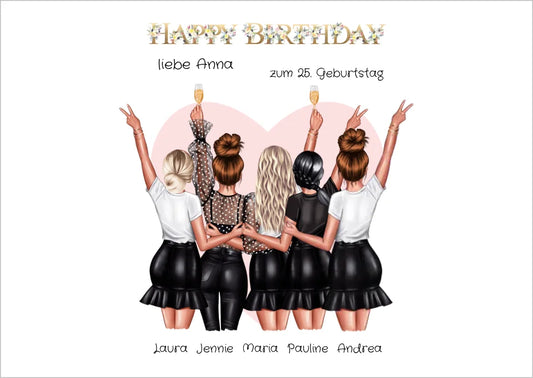 Geschenk Freundin Geburtstag Bild Poster personalisiert | 5 Freundinnen Bild Geschenk | Glückwunsch Geschenk beste Freundin