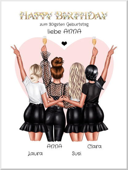 Geschenk beste Freundin 30. Geburtstag personalisiert | 4 Freundinnen Poster & Bilddatei Leinwanddruck Leinwandbild