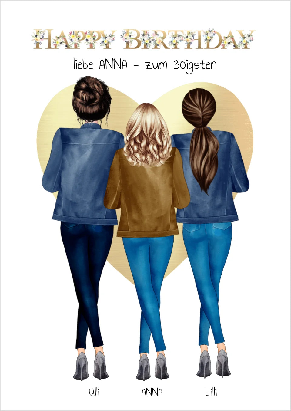 Happy Birthday Geschenk für beste Freundin 30. Geburtstag – Personalisiertes Poster mit 3 Freundinnen