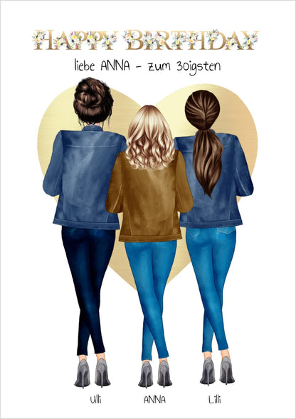 Happy Birthday Geschenk für beste Freundin 30. Geburtstag – Personalisiertes Poster mit 3 Freundinnen